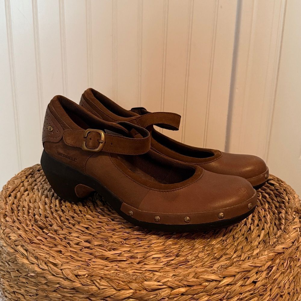 Merrell Brown Leather Mules with Buckle Strap - 7 - Picture 2 of 9